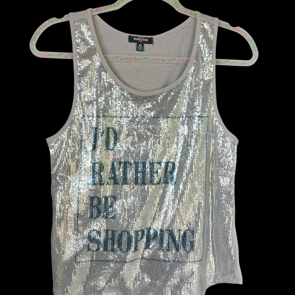 SEQUIN SILVER " ID RATHER BE SHOPPING" WOMANS TANK TOP
